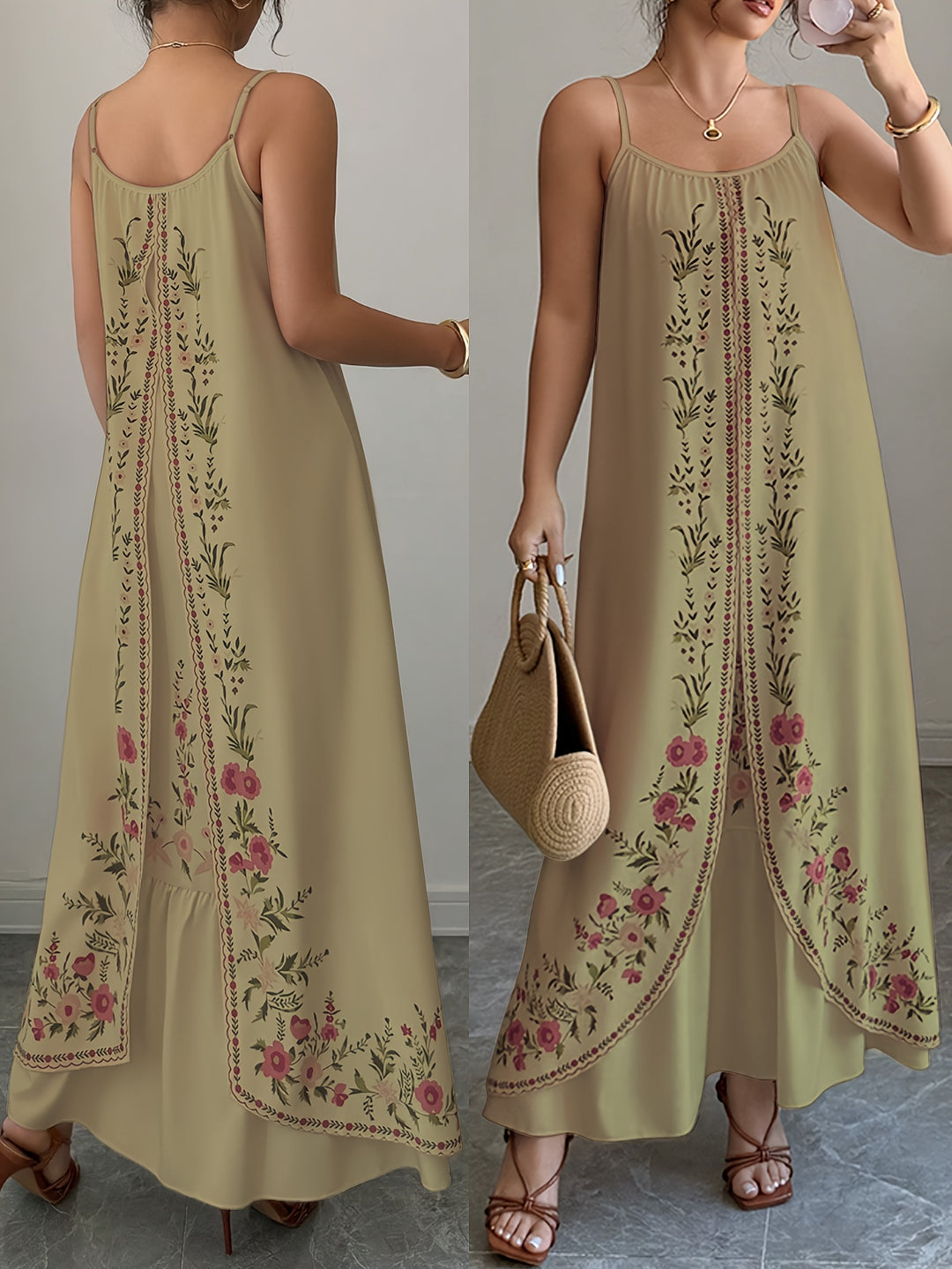 Bohemian Floral Pattern Layered Spaghetti Strap Dress