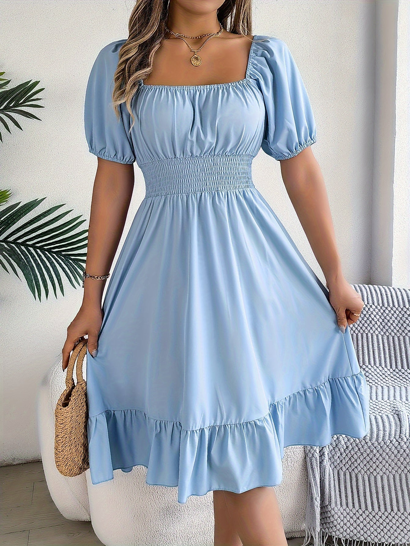 Bohemian Puff Sleeve Ruffled Short Dress