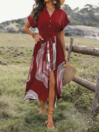 Collared V-Neck Button Down Summer Maxi Dress