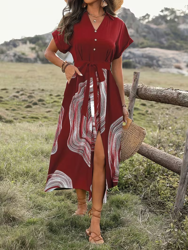 Collared V-Neck Button Down Summer Maxi Dress
