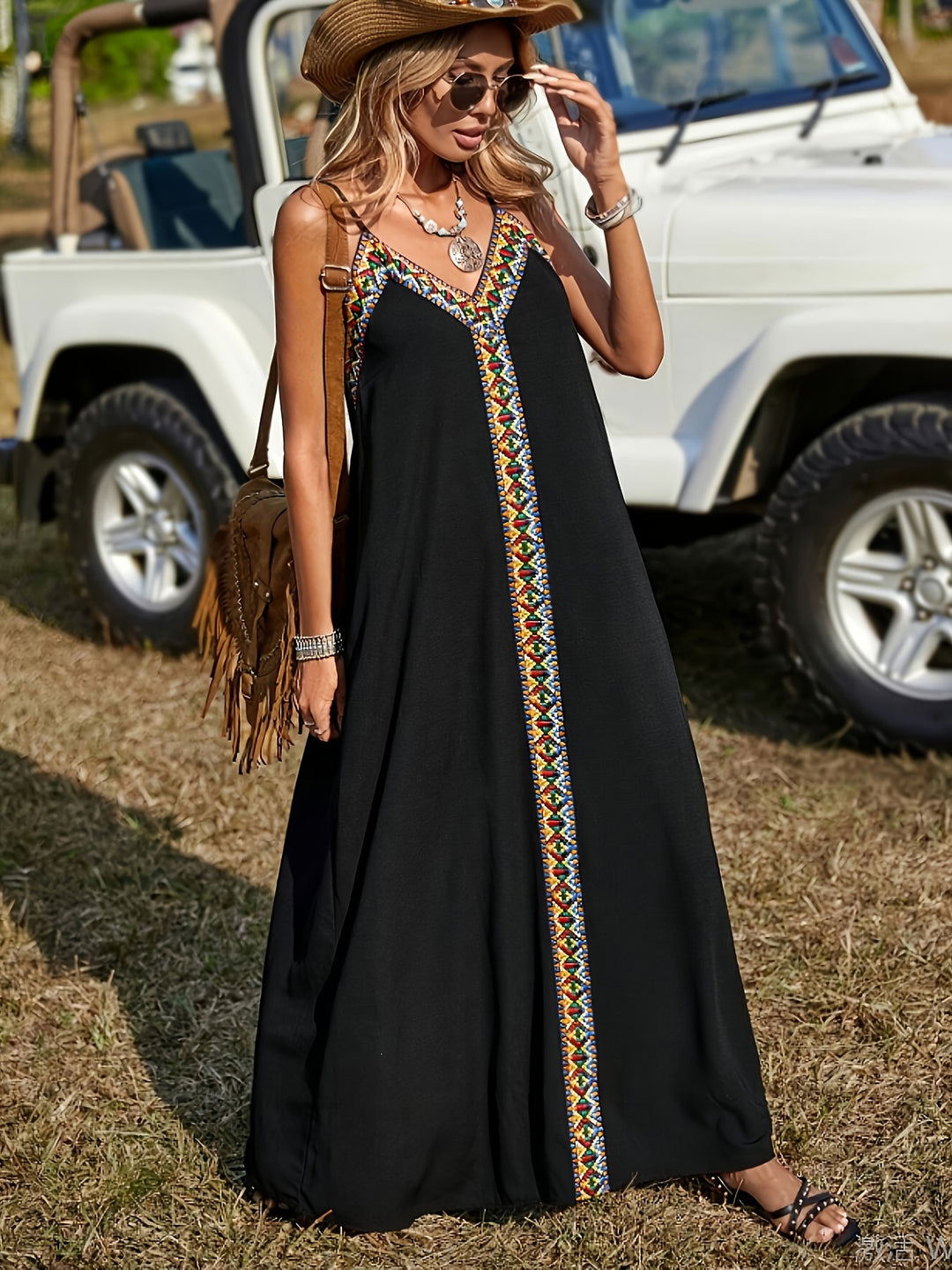 Bohemian Embroidered Trim V-Neck Maxi Dress