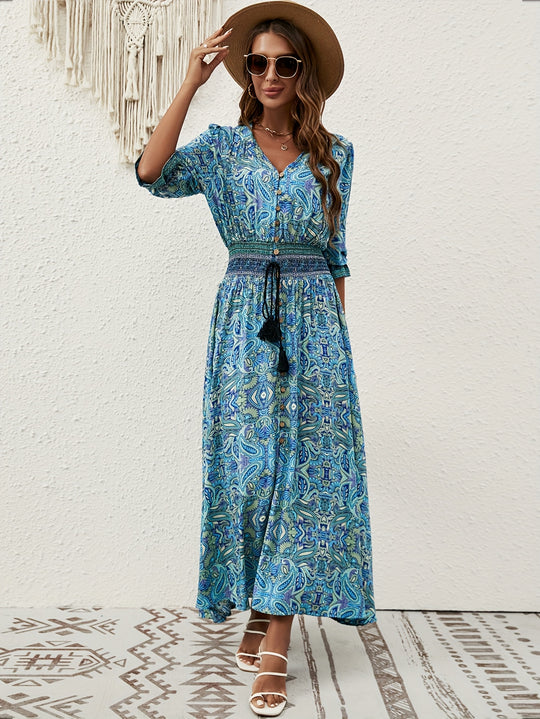 Smocked Waist Button Front Casual Summer Dress
