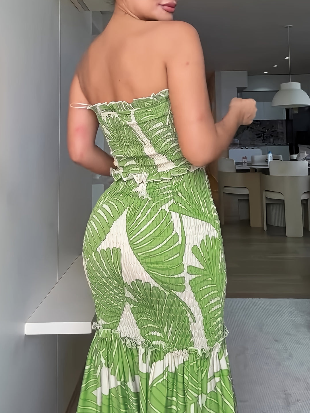 Bohemian Tropical Print Smocked 2 Piece Set