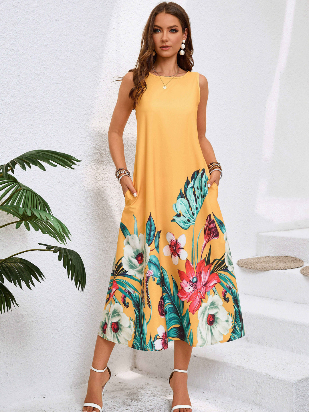 Sleeveless Tropical Floral Boho Summer Dress