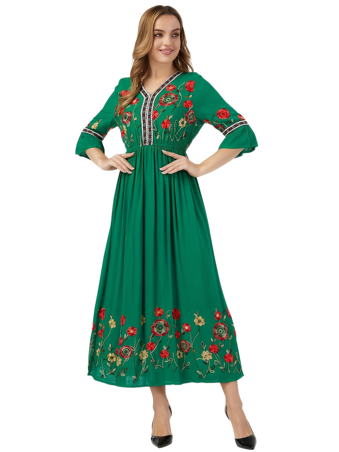Embroidered Floral Hem Gathered Maxi Dress