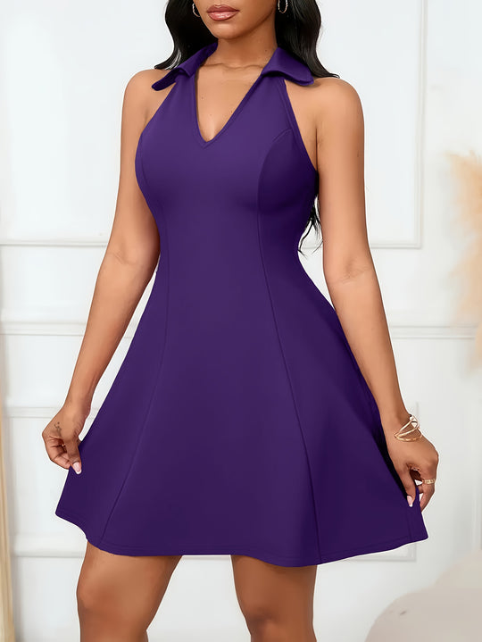 Collared Off-Shoulde Halter V-Neck Fit and Flare Dress