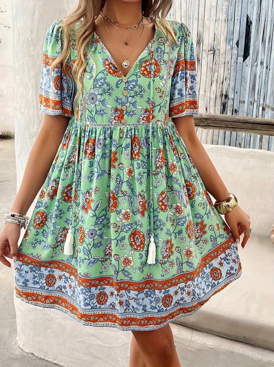 Floral Patchwork Crochet Hem Summer Dress