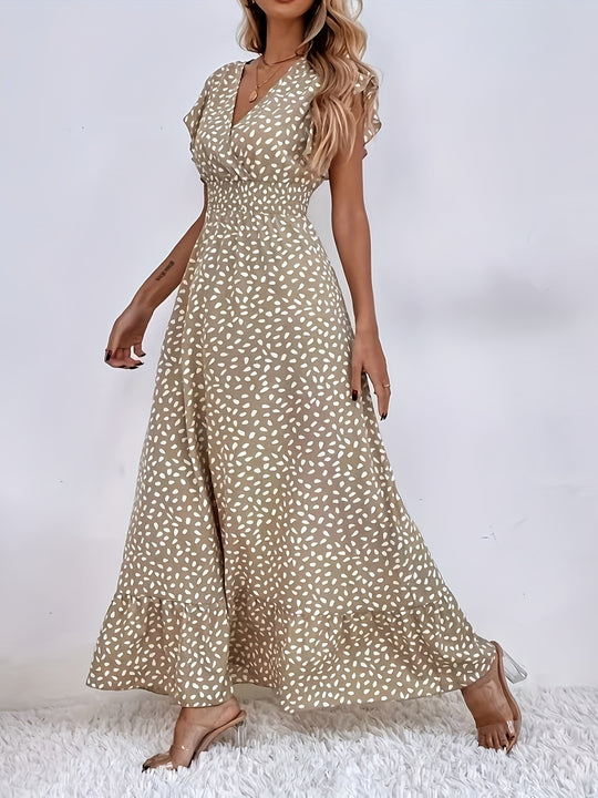 Flutter Sleeve Smocked Waist Speckled Maxi Dress