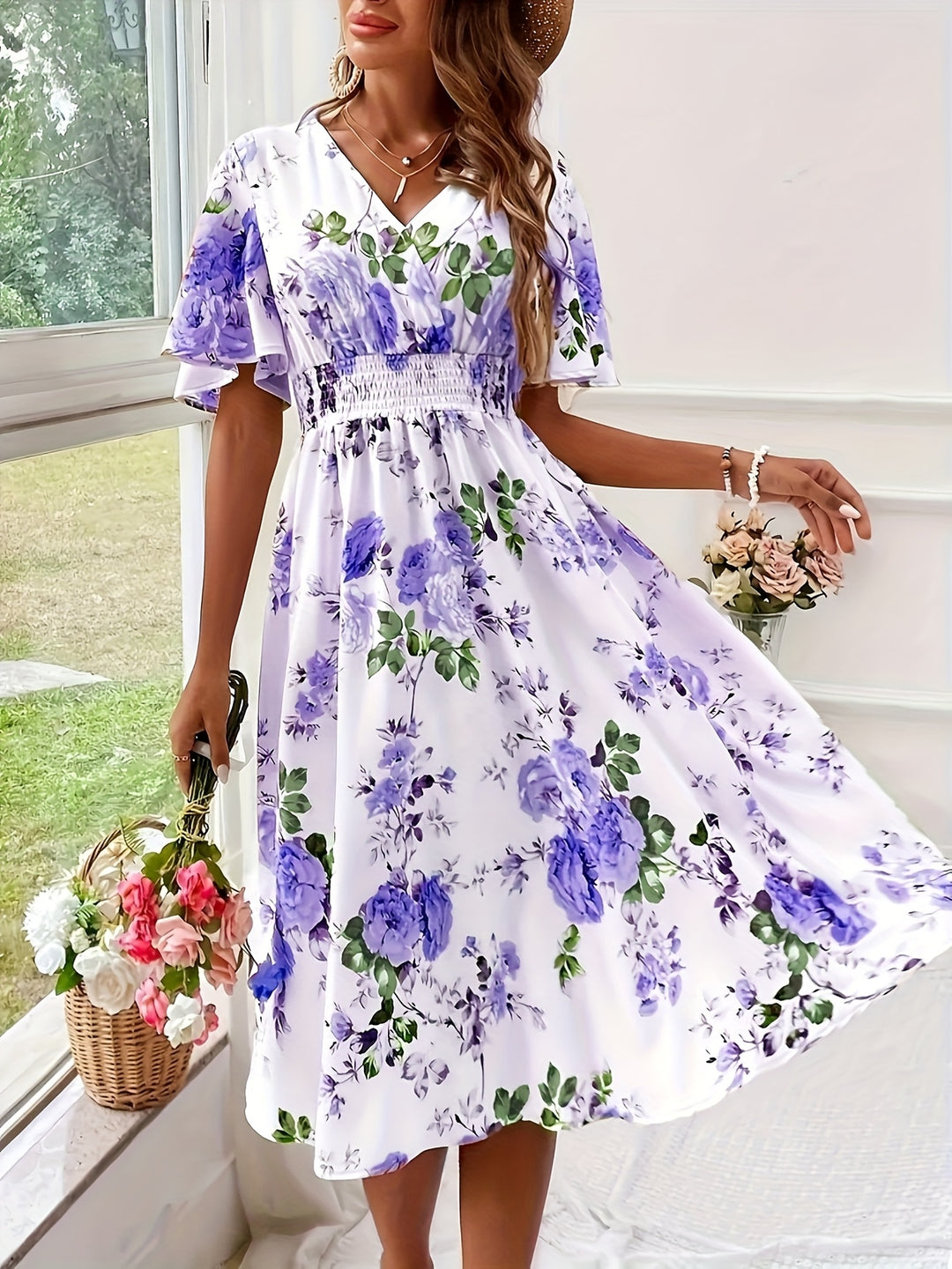 Floral Print V-Neck Flutter Sleeve Smocked Midi Dress - Plus Size