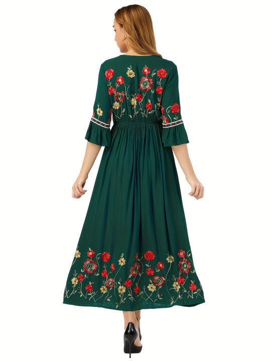 Embroidered Floral Hem Gathered Maxi Dress
