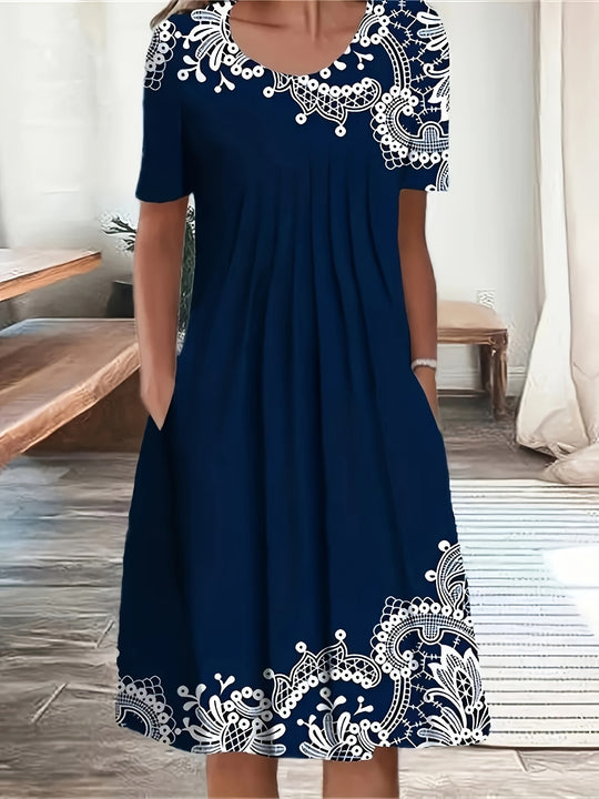Bohemian Lace Print Short Sleeve Pocket Midi Dress - Plus Size