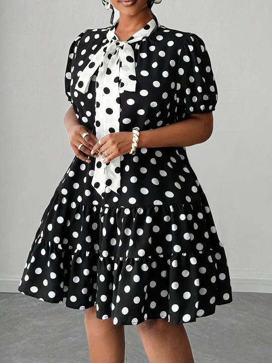 Plus Size Tie Neck Polka Dot Tiered Bohemian Dress