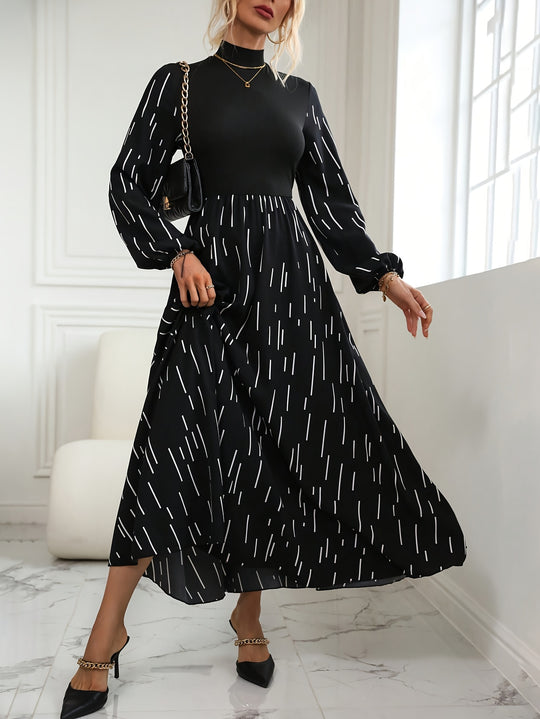 Modest Long Sleeve Linear Print Maxi Dress