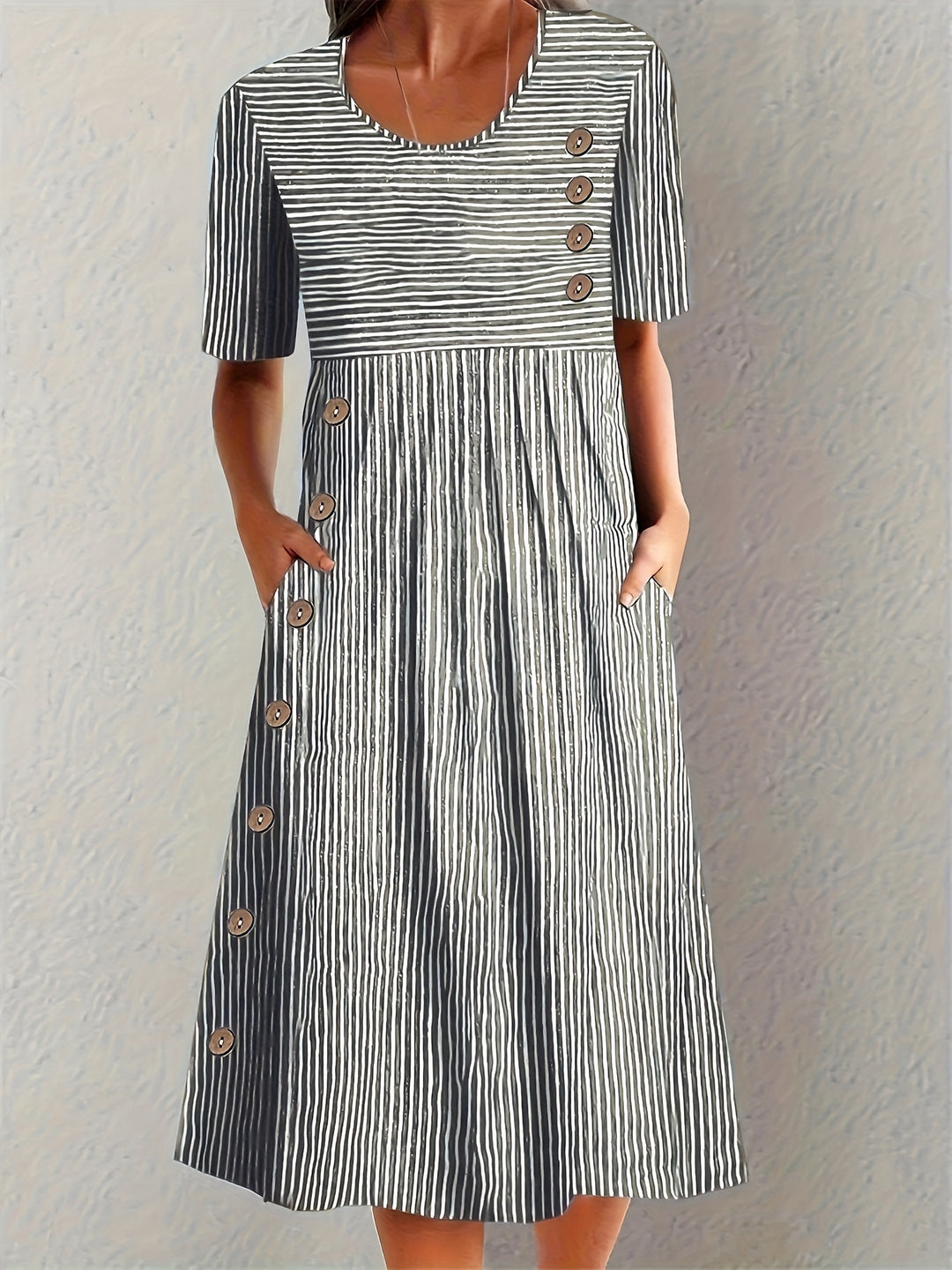 Striped Button Detail Pocket Midi Dress