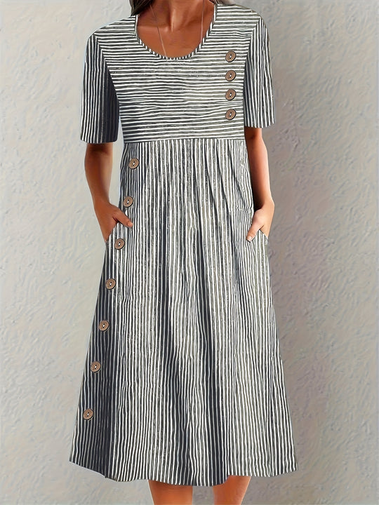 Striped Button Detail Pocket Midi Dress