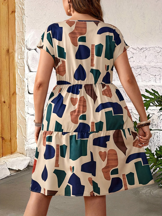 Short Sleeve Abstract Print Tiered Mini Dress