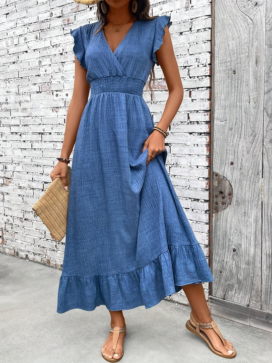Flutter Sleeve Smocked Waist V-Neck Maxi Dress
