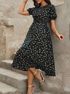 Casual Smocked Ditsy Floral Midi Dress