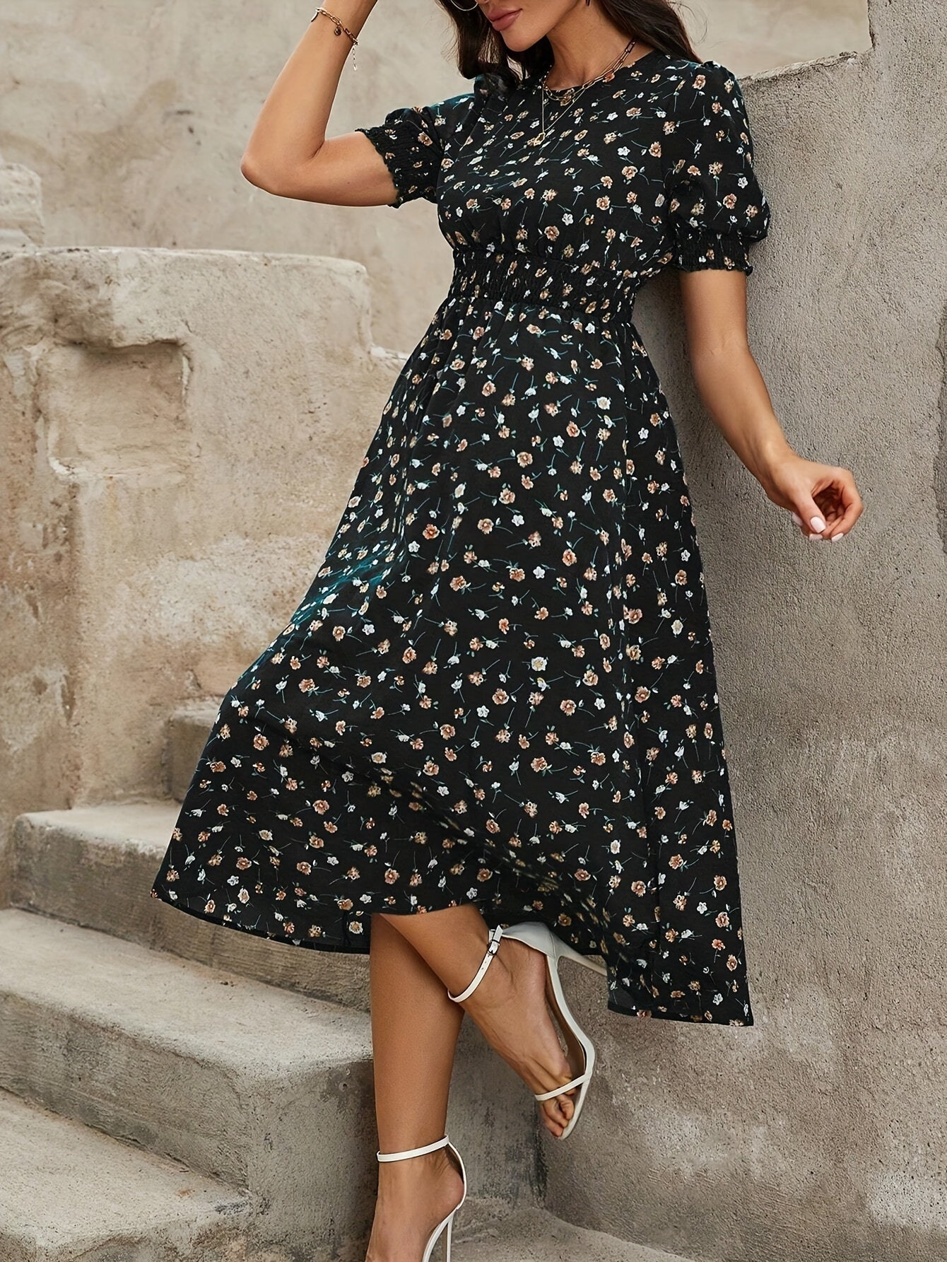 Casual Smocked Ditsy Floral Midi Dress