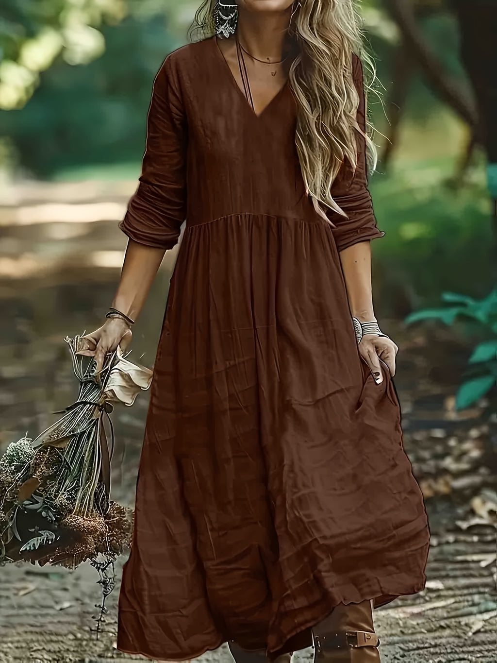 Bohemian V-Neck Textured Tiered Maxi Dress