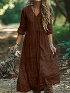 Bohemian V-Neck Textured Tiered Maxi Dress