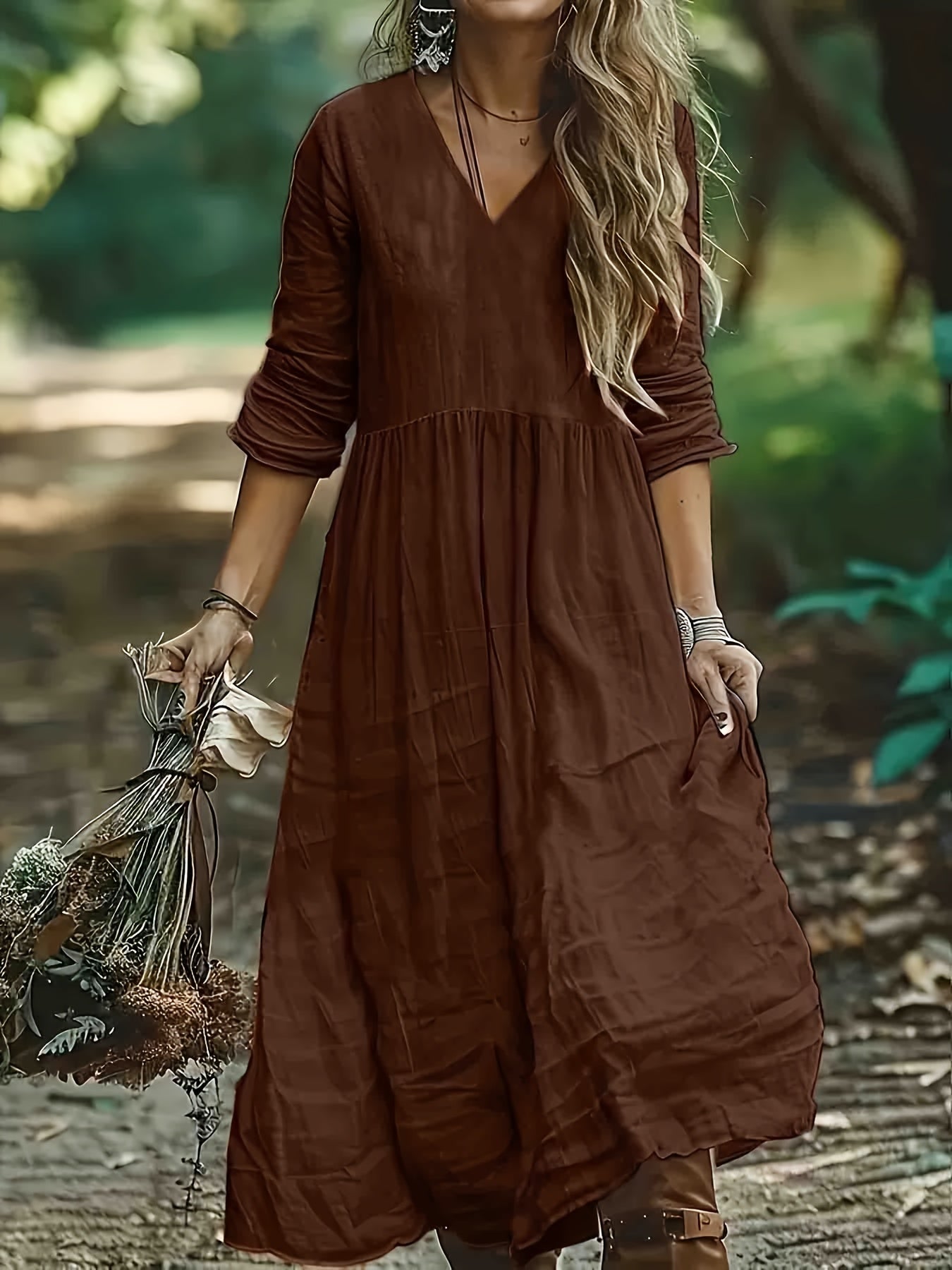 Bohemian V-Neck Textured Tiered Maxi Dress
