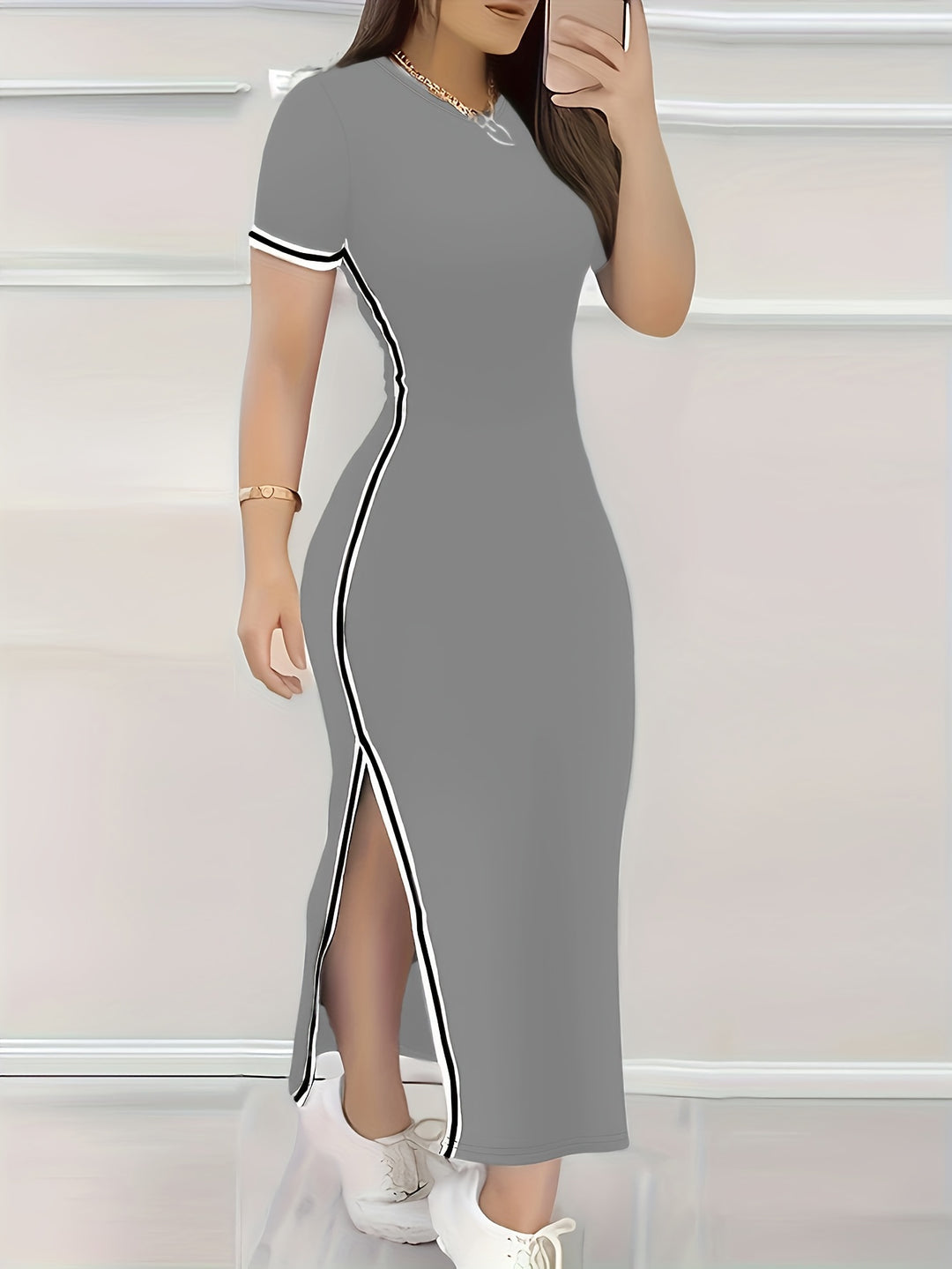 Side-Striped Column Athletic Maxi Dress