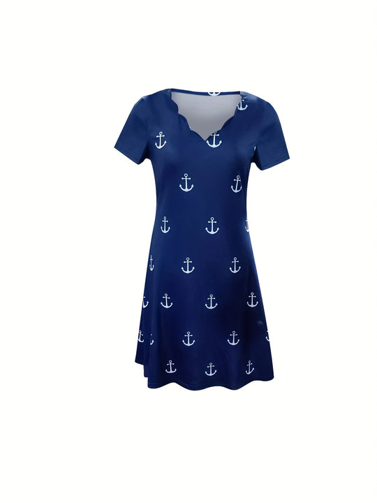 Coastal Anchor Print Scalloped Edge Flowy Summer Dress