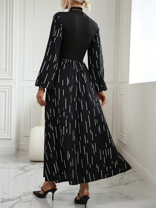 Modest Long Sleeve Linear Print Maxi Dress