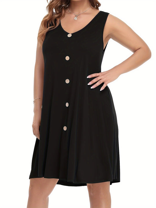 Plus Size Sleeveless Button Front Pocket Boho Summer Dress
