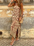Boho Geometric Pattern Halter Slit Summer Dress