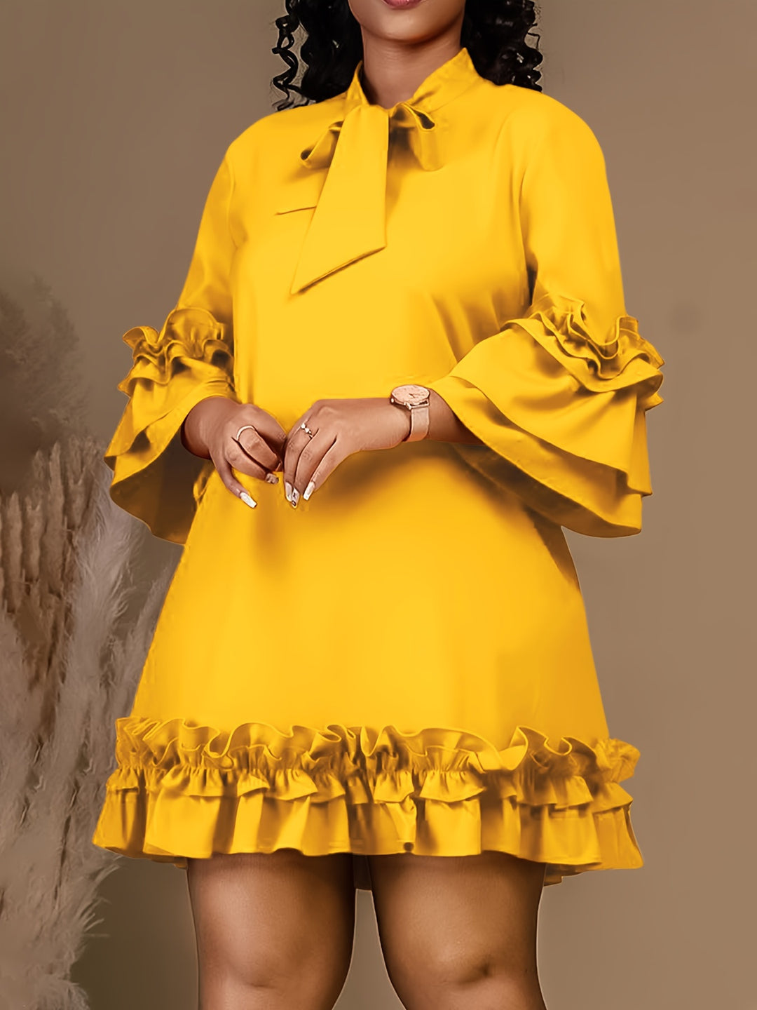 Bow Tie Neck Ruffle Sleeve Bohemian Short Dress - Plus Size