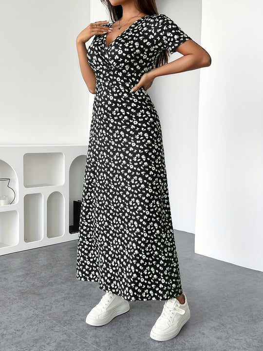 Short Sleeve Surplice Floral Long Dress