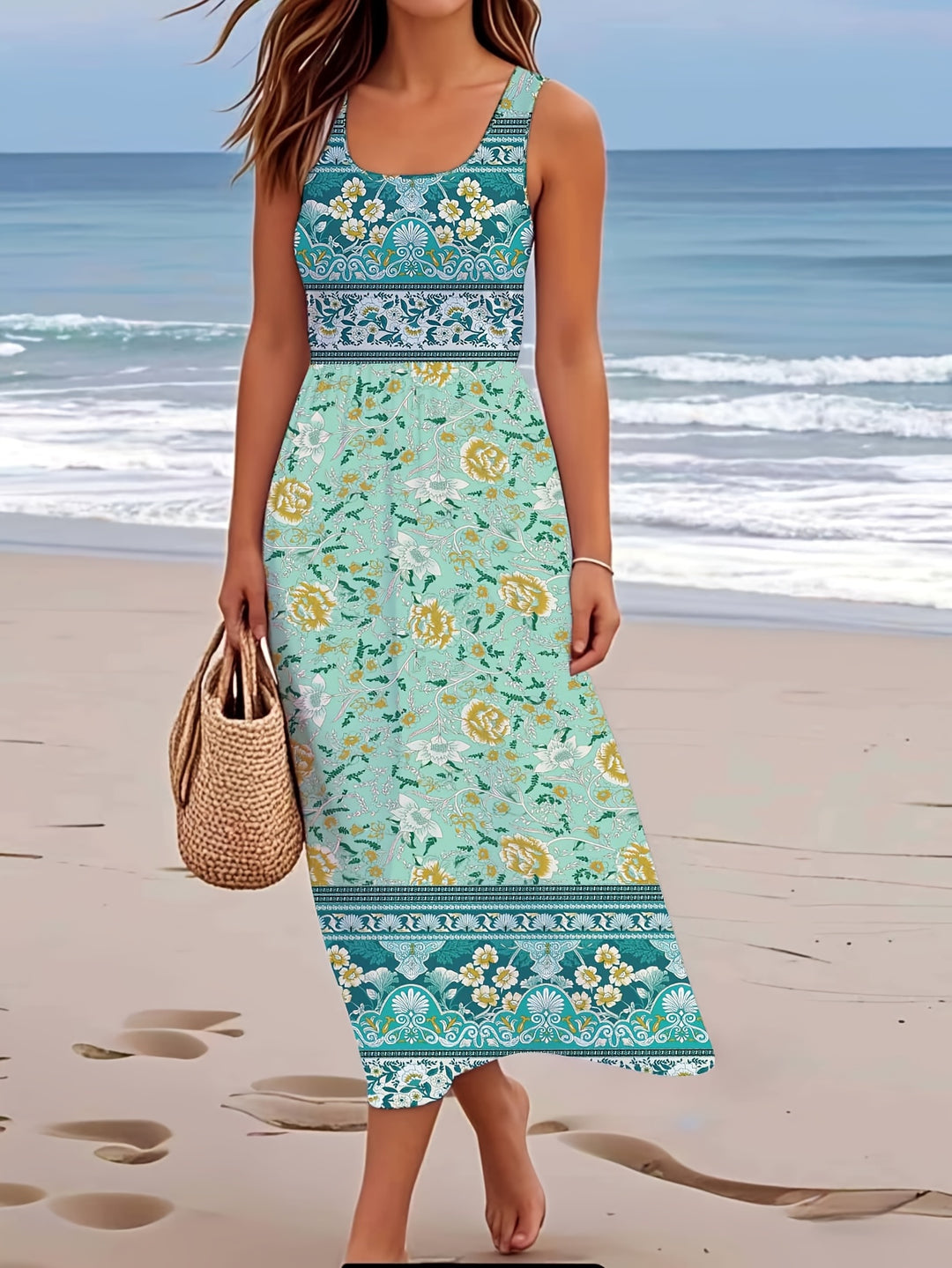 Casual Sleeveless Floral Border Midi Dress