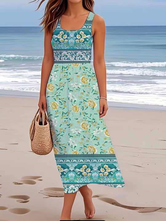 Casual Sleeveless Floral Border Midi Dress