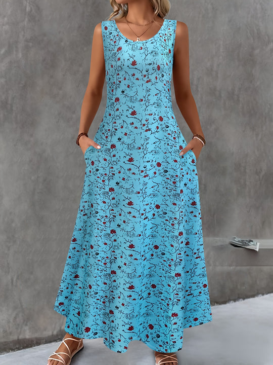 Sleeveless Floral Print Maxi Dress with Pockets - Plus Size