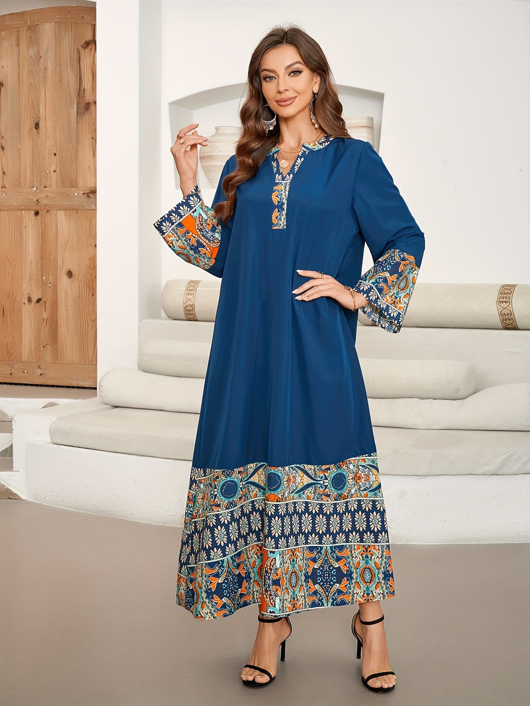 Bohemian Placket Neck Relaxed Long Dress