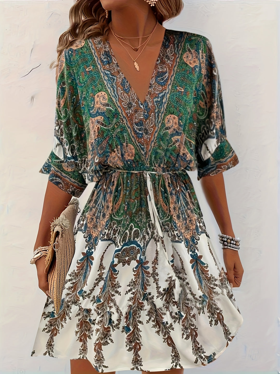 Bohemian Bell Sleeve Tie Waist Mini Dress