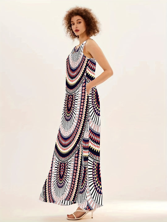 Summer Bohemian Sleeveless Tribal Print Maxi Dress