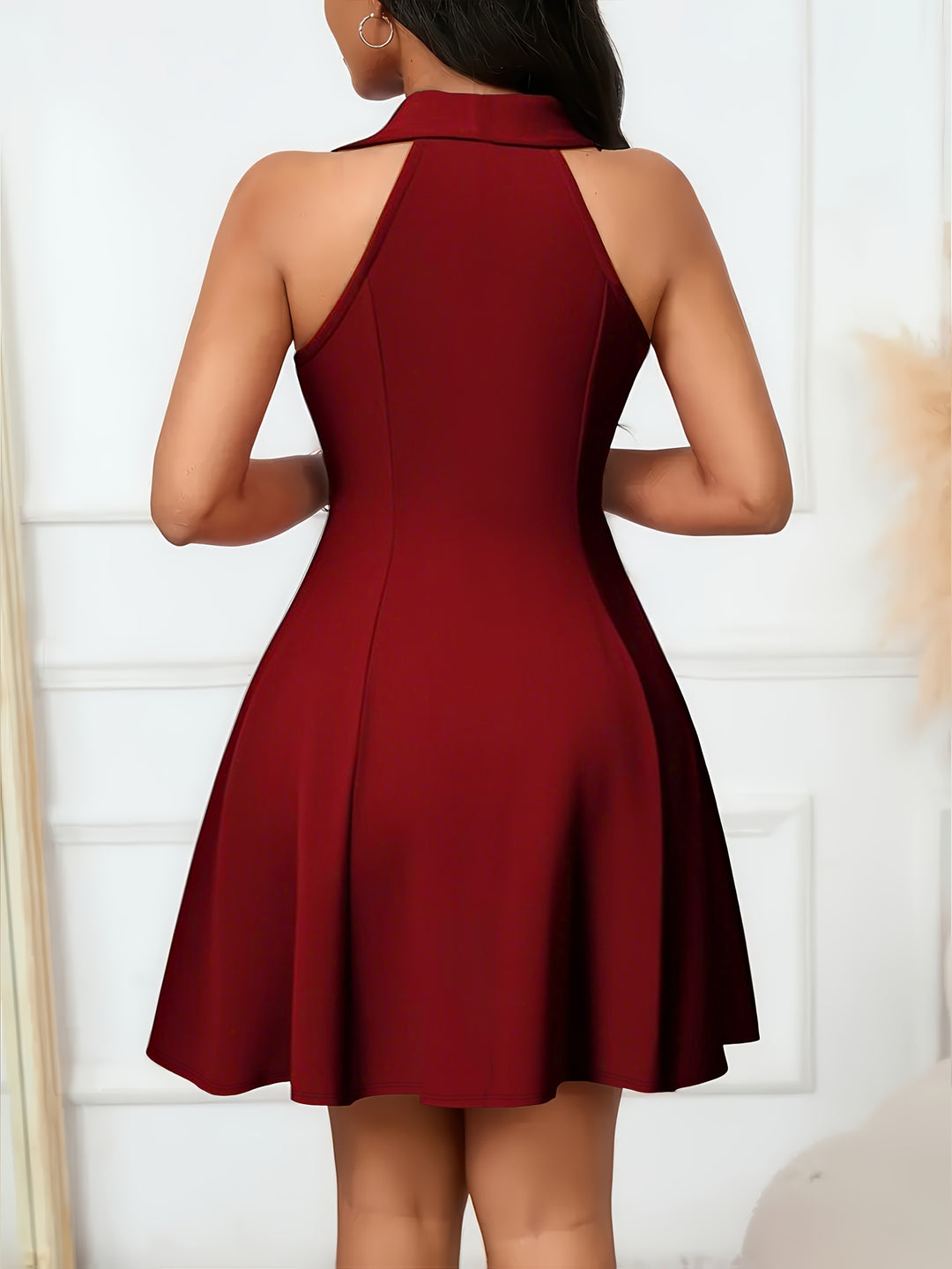 Collared Off-Shoulde Halter V-Neck Fit and Flare Dress