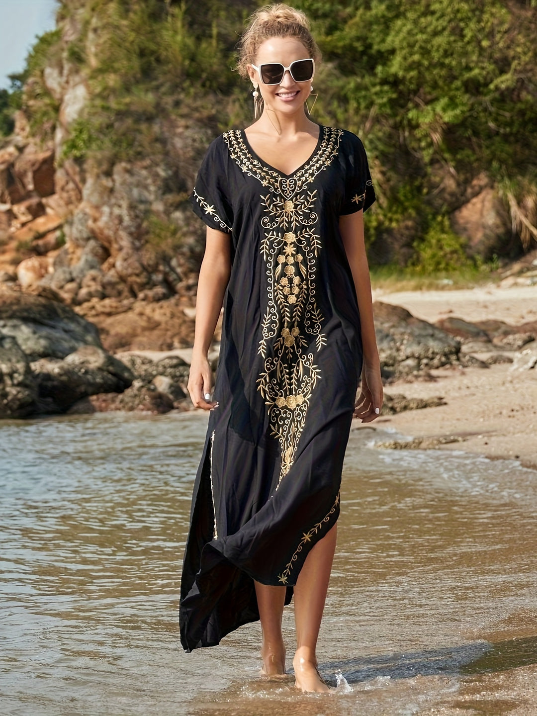 Bohemian V-Neck Embroidered Kaftan Maxi Dress