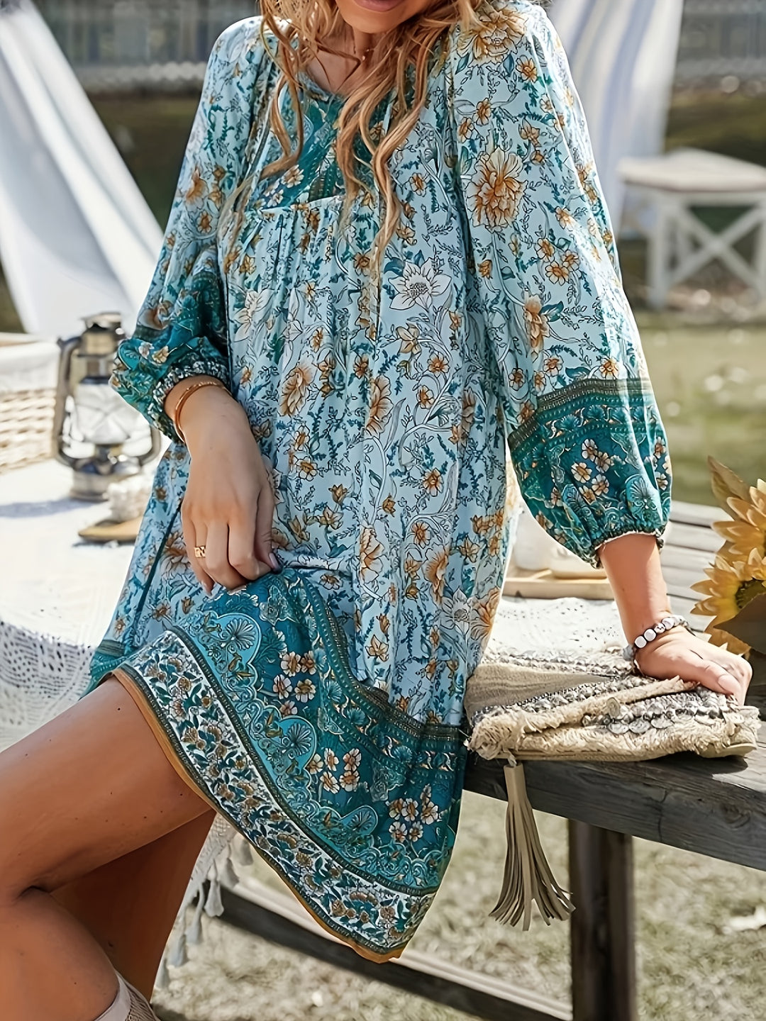 Mixed Floral Print Long Sleeve Boho Dress