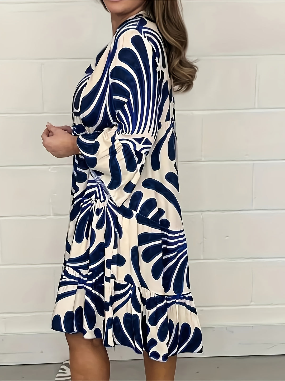 V-Neck Tiered Hem Abstract Pattern Summer Dress
