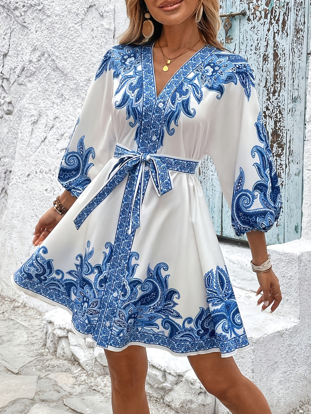 Ornate Print V-Neck Button Down Bohemian Dress