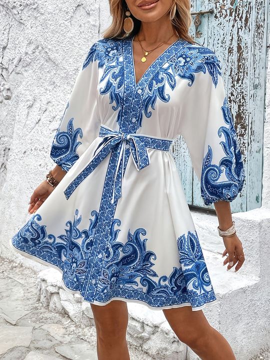 Ornate Print V-Neck Button Down Bohemian Dress