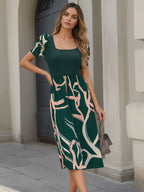 Abstract A-Line Puff Sleeve Midi Dress