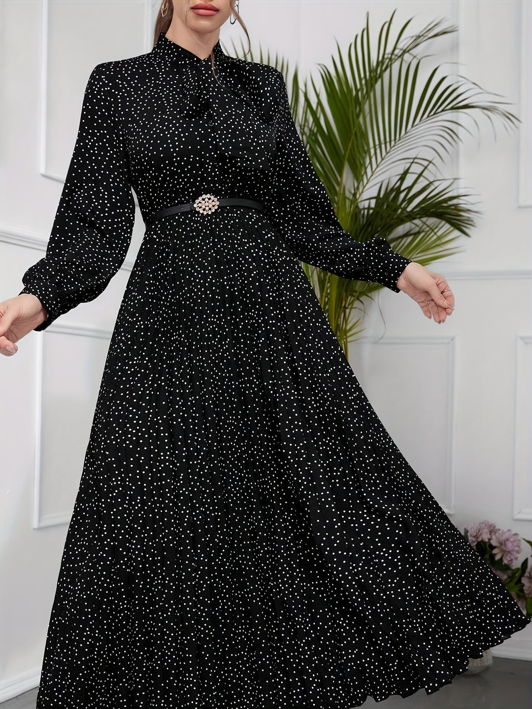 Elegant Tie Neck Pleated Maxi Dress