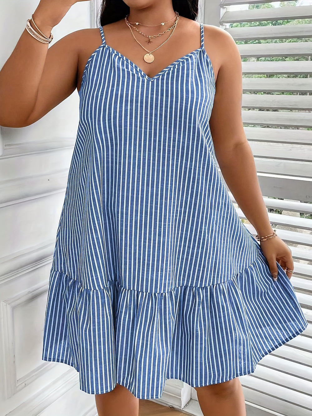 Plus Size Casual Spaghetti Strap Striped Boho Dress
