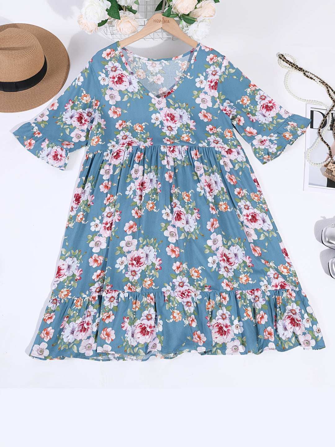 Casual Flutter Sleeve Floral Swing Dress