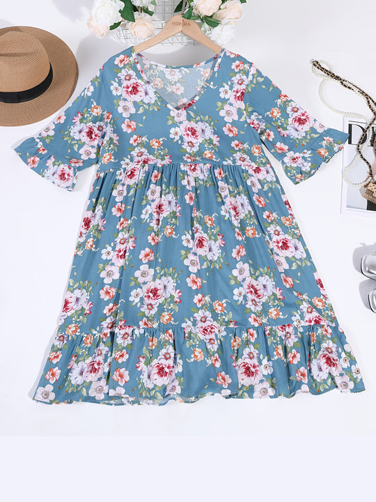 Casual Flutter Sleeve Floral Swing Dress
